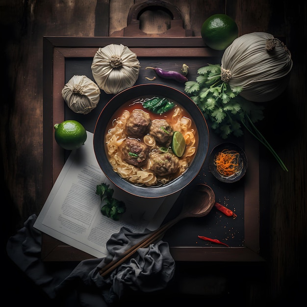 사진 태국 음식, 돼지 고기 국수, 미트볼 및 야채 음식 사진
