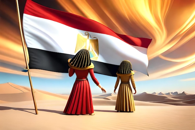 写真 ファラオとピラミッドを背景にしたエジプトの国旗の写真を撮る
