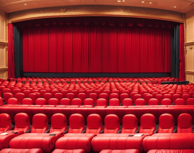 Photo of a theater with red seats and curtain