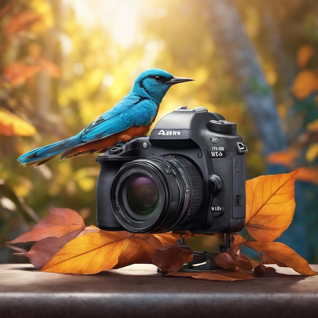 Photo there is a bird sitting on a camera with a leaf generative