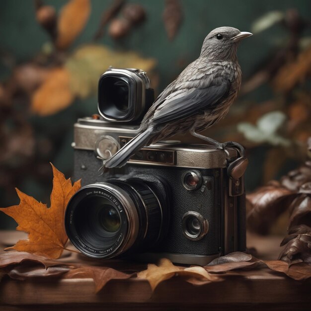 На фото есть птица, сидящая на камере с генератором листьев.