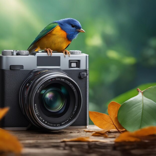 Photo photo there is a bird sitting on a camera with a leaf generative