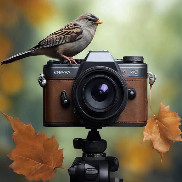 Photo photo there is a bird sitting on a camera with a leaf generative