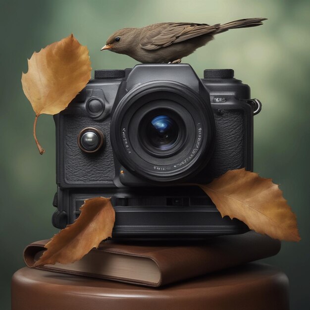 Photo there is a bird sitting on a camera with a leaf generative