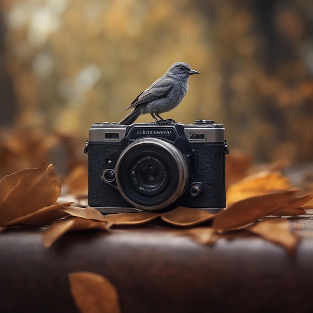 Photo there is a bird sitting on a camera with a leaf generative