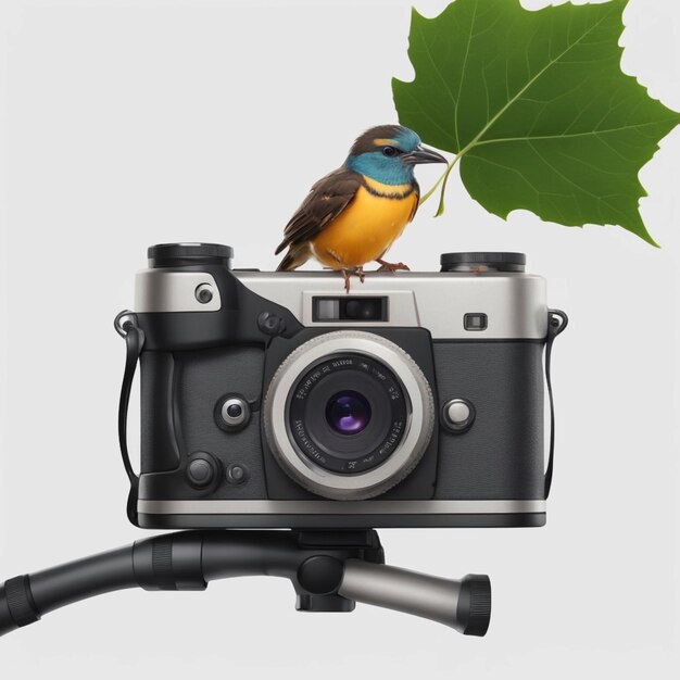 Photo photo there is a bird sitting on a camera with a leaf generative