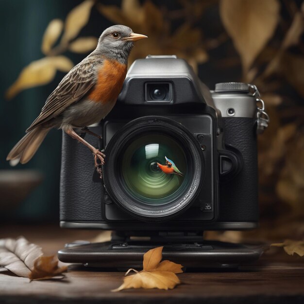 Photo there is a bird sitting on a camera with a leaf generative