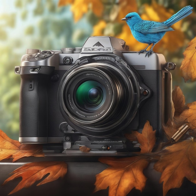 Photo there is a bird sitting on a camera with a leaf generative