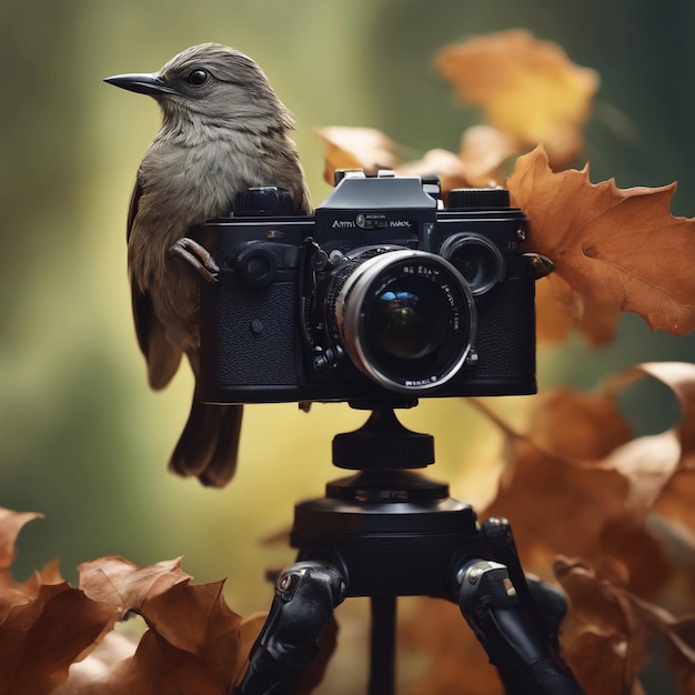 Photo photo there is a bird sitting on a camera with a leaf generative