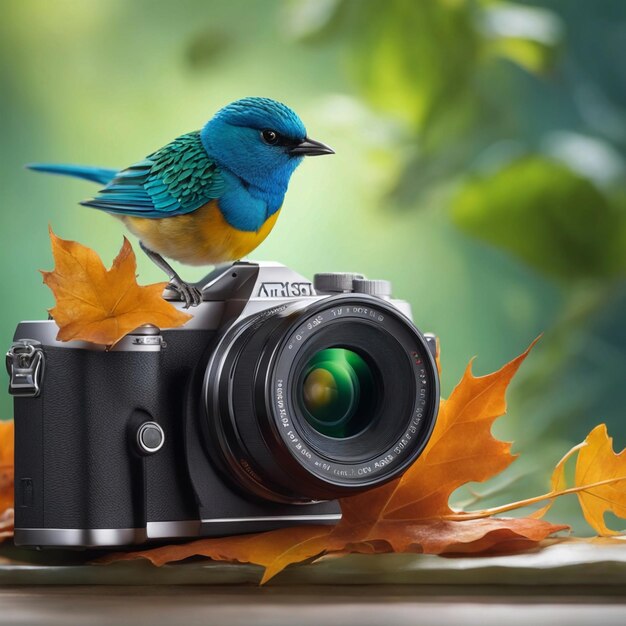 Photo there is a bird sitting on a camera with a leaf generative