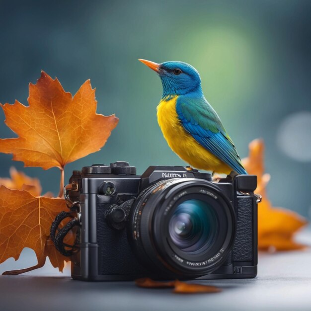 Photo there is a bird sitting on a camera with a leaf generative