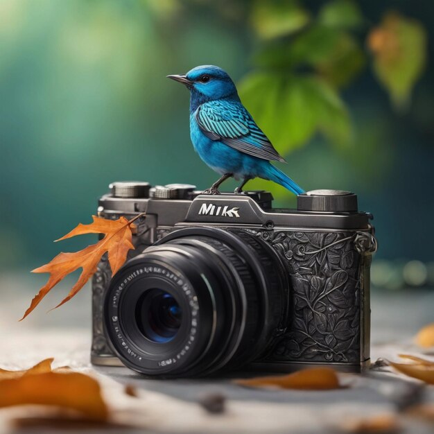 Photo there is a bird sitting on a camera with a leaf generative