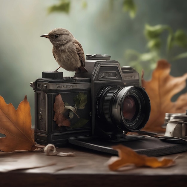На фото есть птица, сидящая на камере с генератором листьев.