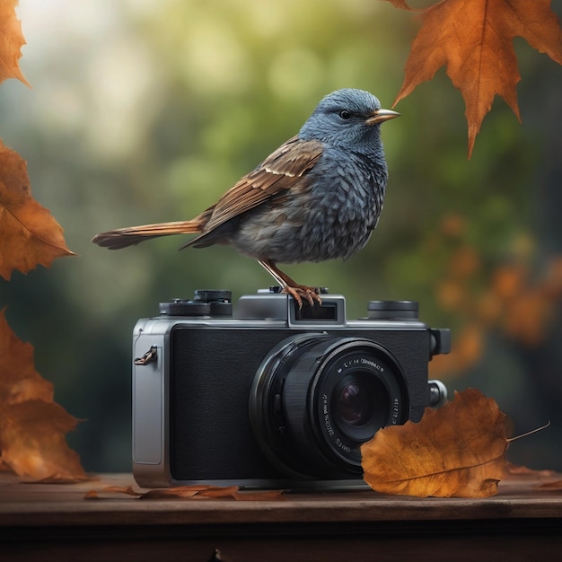 Foto foto c'è un uccello seduto su una telecamera con una foglia generativa