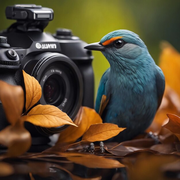 사진에는 잎 생성기와 함께 카메라에 앉아있는 새가 있습니다.