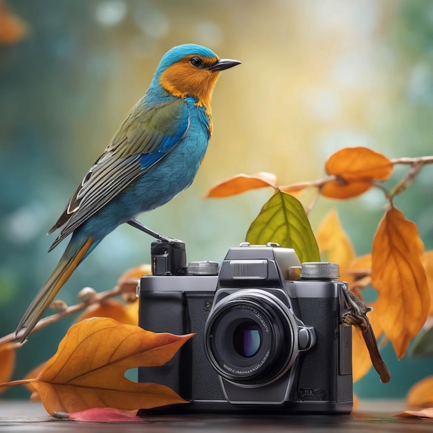 Photo there is a bird sitting on a camera with a leaf generative