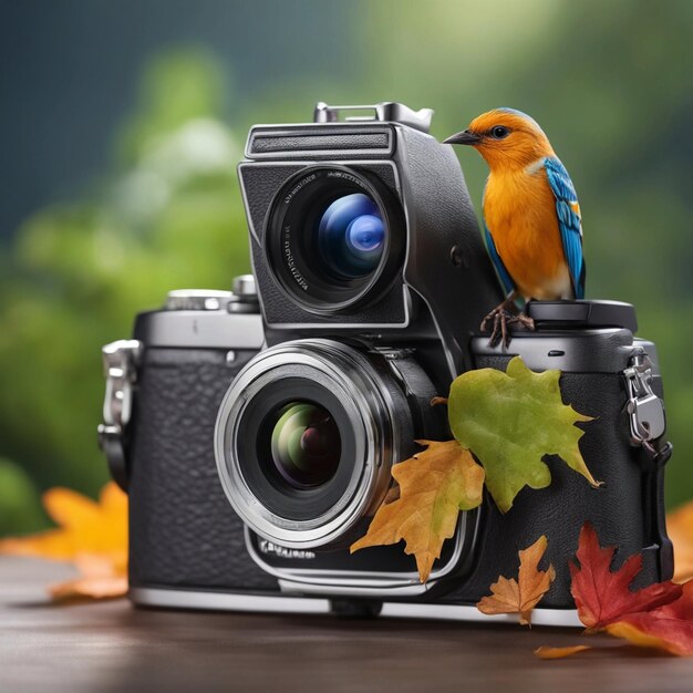 Photo there is a bird sitting on a camera with a leaf generative