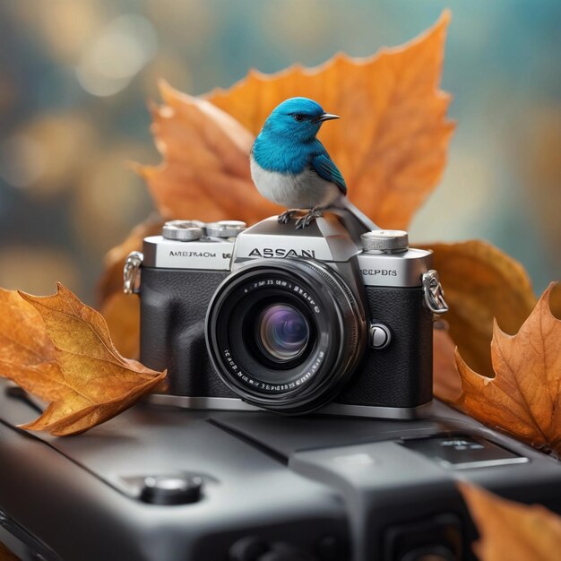 Photo there is a bird sitting on a camera with a leaf generative