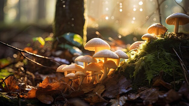 Photo a photo of thirtyseven mushrooms in a forest fallen leaves backdrop