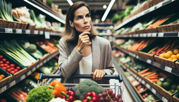 Foto foto di una pensierosa donna europea in un negozio di alimentari con un carrello pieno di frutta e verdura fresca