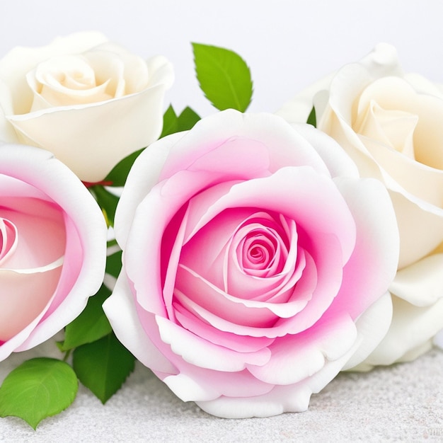 Photo Three pink roses are on a white background with the word roses on it