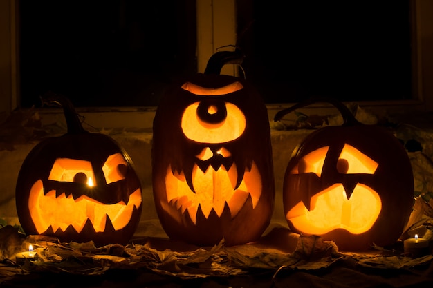 Photo of three pumpkins for Halloween.  