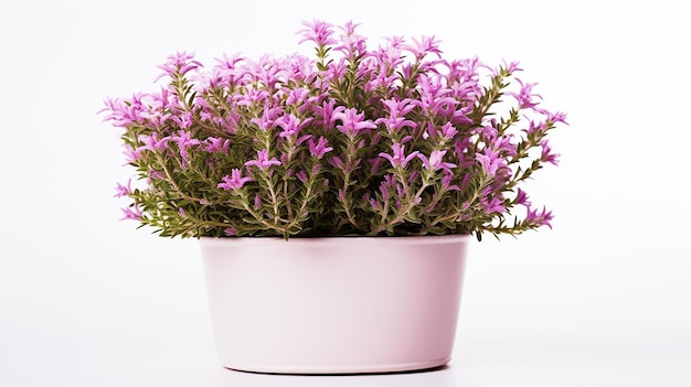 Photo of Thyme flower in pot isolated on white background