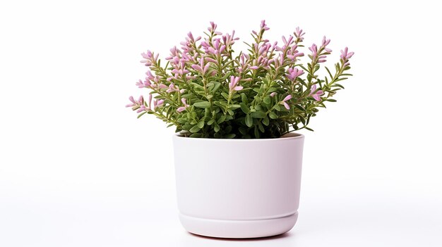 Photo of Thyme flower in pot isolated on white background