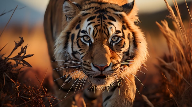 Photo of tiger on savanna at sunset