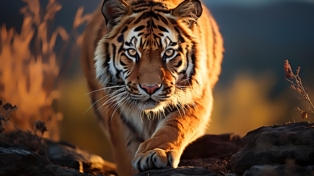 Photo of tiger on savanna at sunset