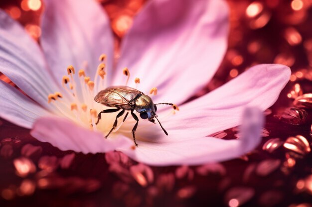 Photo of a tiny insect exploring a flower petal Generative AI