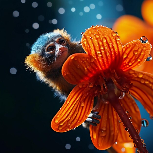 photo of A tiny monkey hanging from the tip of a bright orange flower by its tail