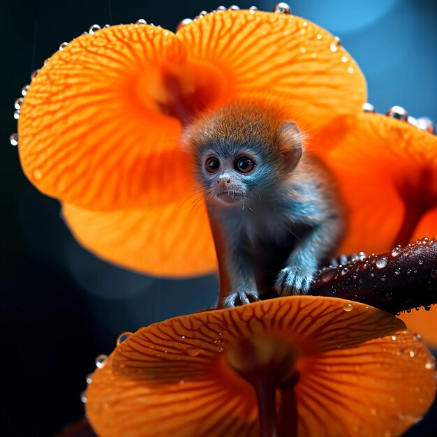 Photo photo of a tiny monkey hanging from the tip of a bright orange flower by its tail