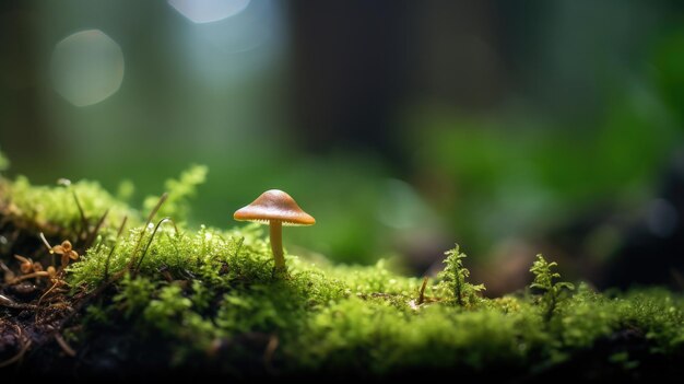 Photo a photo of a tiny mushroom on a bed of moss shady woodland backdrop