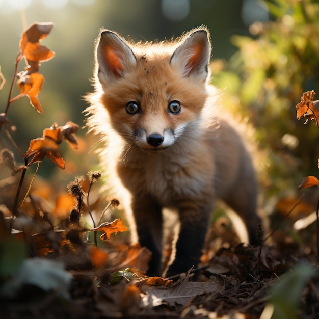 Photo of a tiny red fox kit playing in the grass