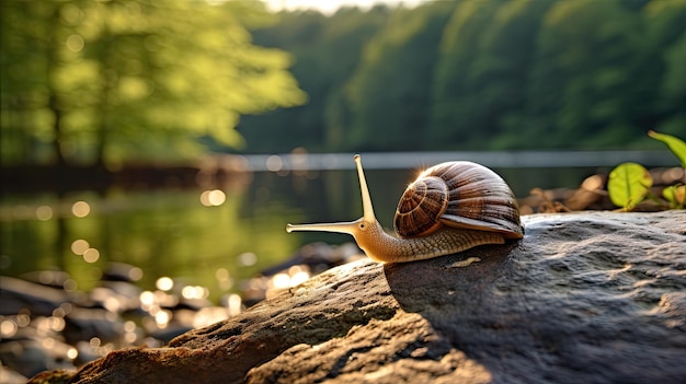 Photo a photo of a tiny snail on a rock riverbank backdrop