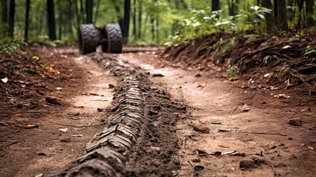 A photo of a tire track in a dirt trail