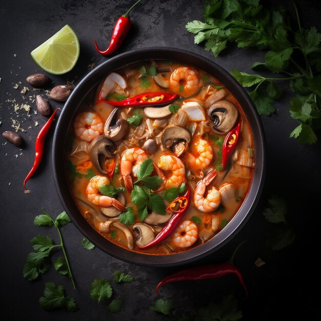 Photo tom yum spicy thai soup on gray background