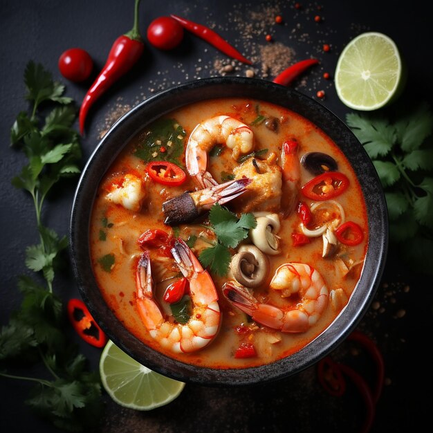 Photo tom yum spicy thai soup on gray background