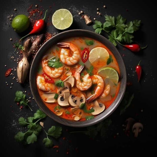 Photo tom yum spicy thai soup on gray background