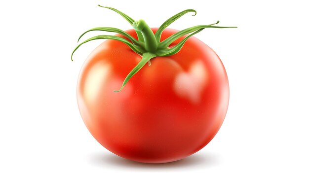 Photo a photo of a tomato on a white background the tomato is round and red with a green stem