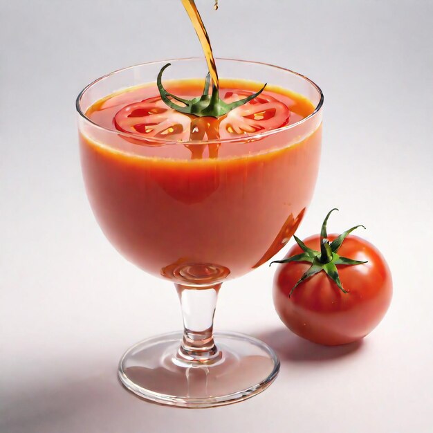 Foto foto di un succo di pomodoro con pezzi di tomato isolati su uno sfondo liscio