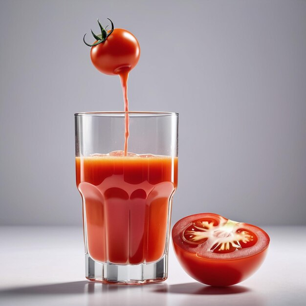 Photo photo of a tomatoe juice with pieces of tomatoe isolated on smooth background