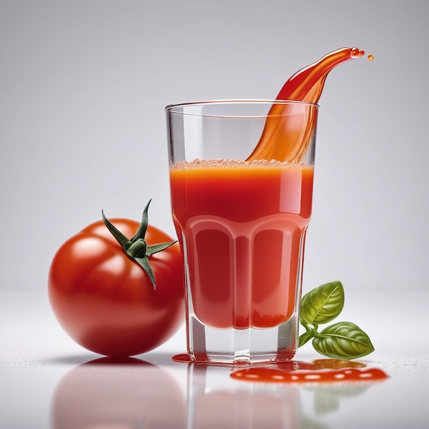 Foto foto di un succo di pomodoro con pezzi di tomato isolati su uno sfondo liscio