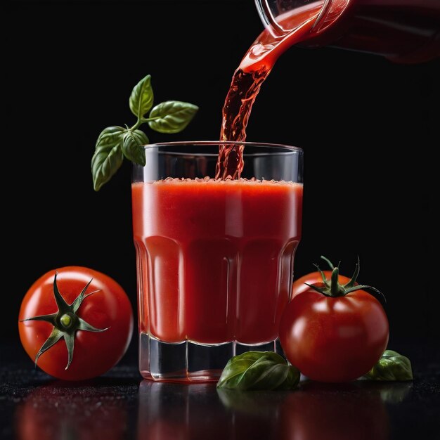 Foto di un succo di pomodoro con pezzi di tomato isolati su uno sfondo liscio