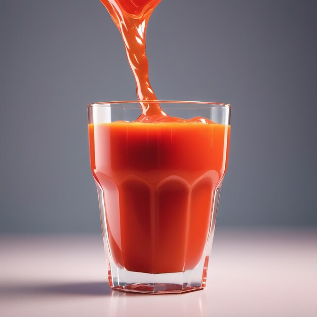 Foto foto di un succo di pomodoro con pezzi di tomato isolati su uno sfondo liscio