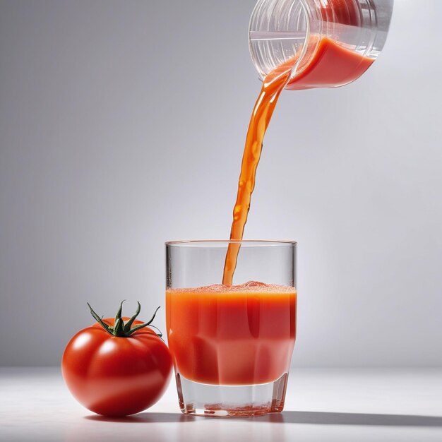 滑らかな背景にトマトの断片を隔離したトマトジュースの写真