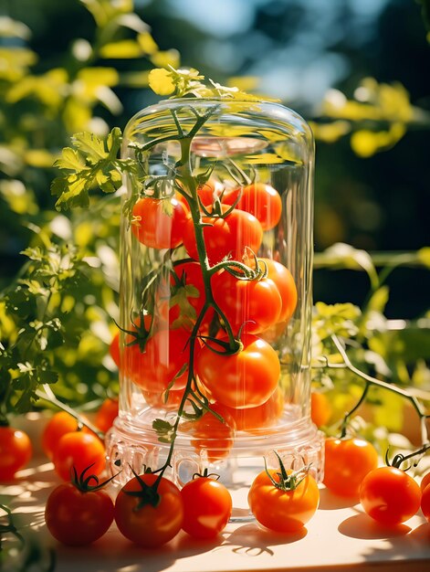 Photo of tomatoes in a glass box cylinder with a delicate satin ribbo decor scene beauty natural