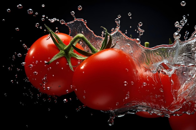 Photo tomatoes and splash water over black background generative ai