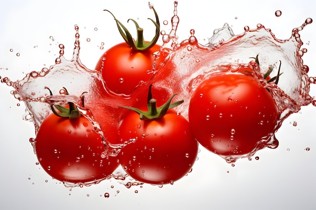 Фото помидоры и брызги воды на белом фоне генеративный ai